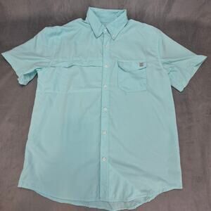 Huk Tide Point Short Sleeve Button Down Mens Vented Fishing Shirt Teal Sz L